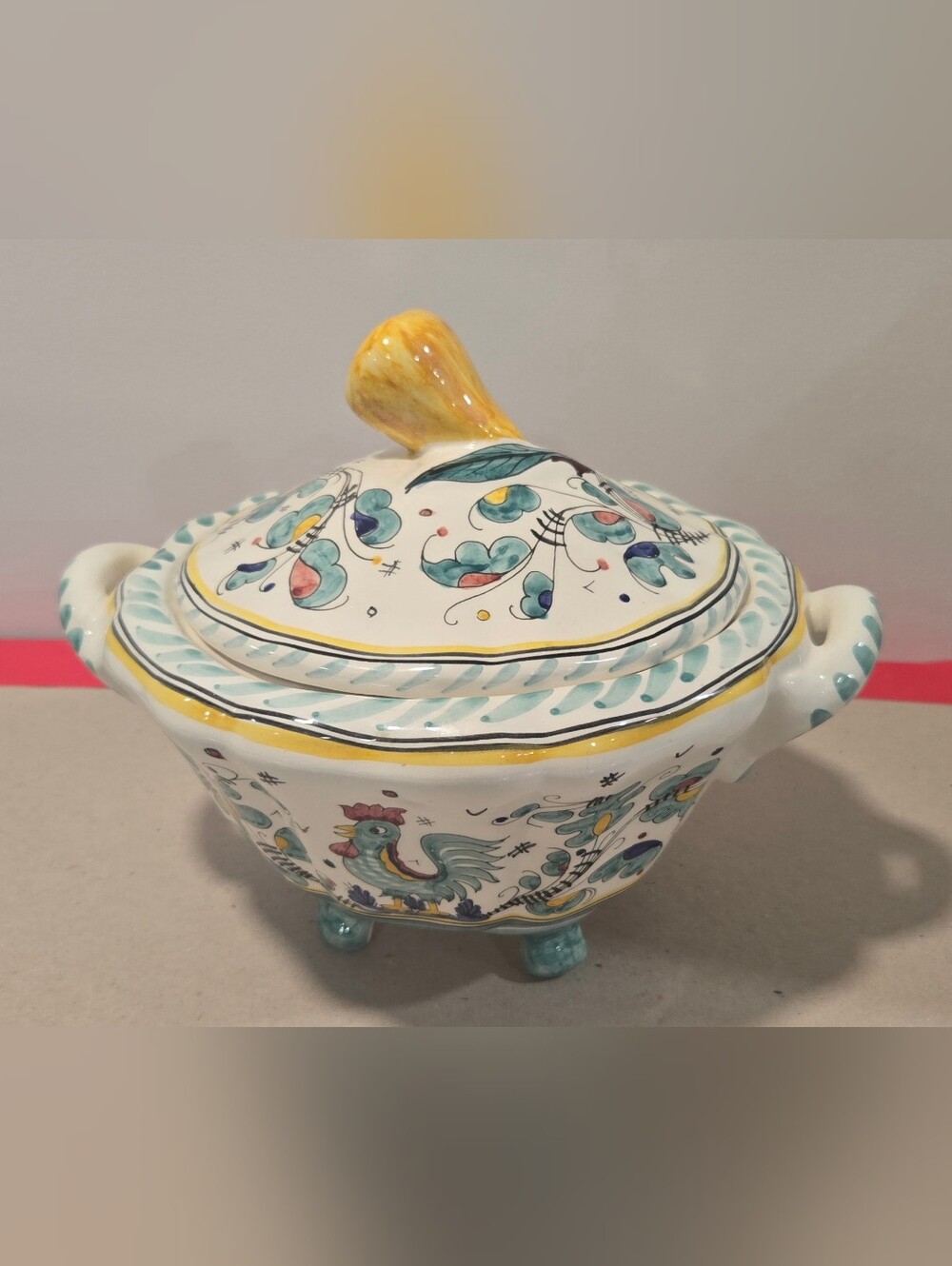 Deruta Italian Pottery Green Rooster Footed Soup Tureen Serving Dish 9” Signed